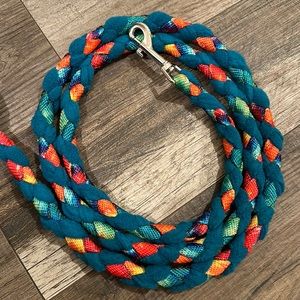 Custom hand-braided dog leashes. Tie dye, rainbow, nylon and teal fleece combo